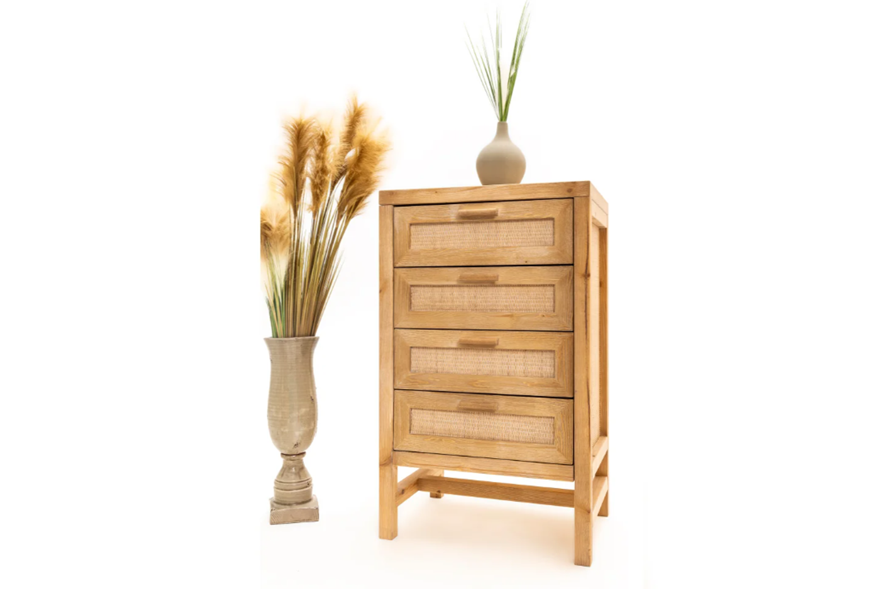 Solid Spruce Wood Dresser with Natural Rattan Detailing