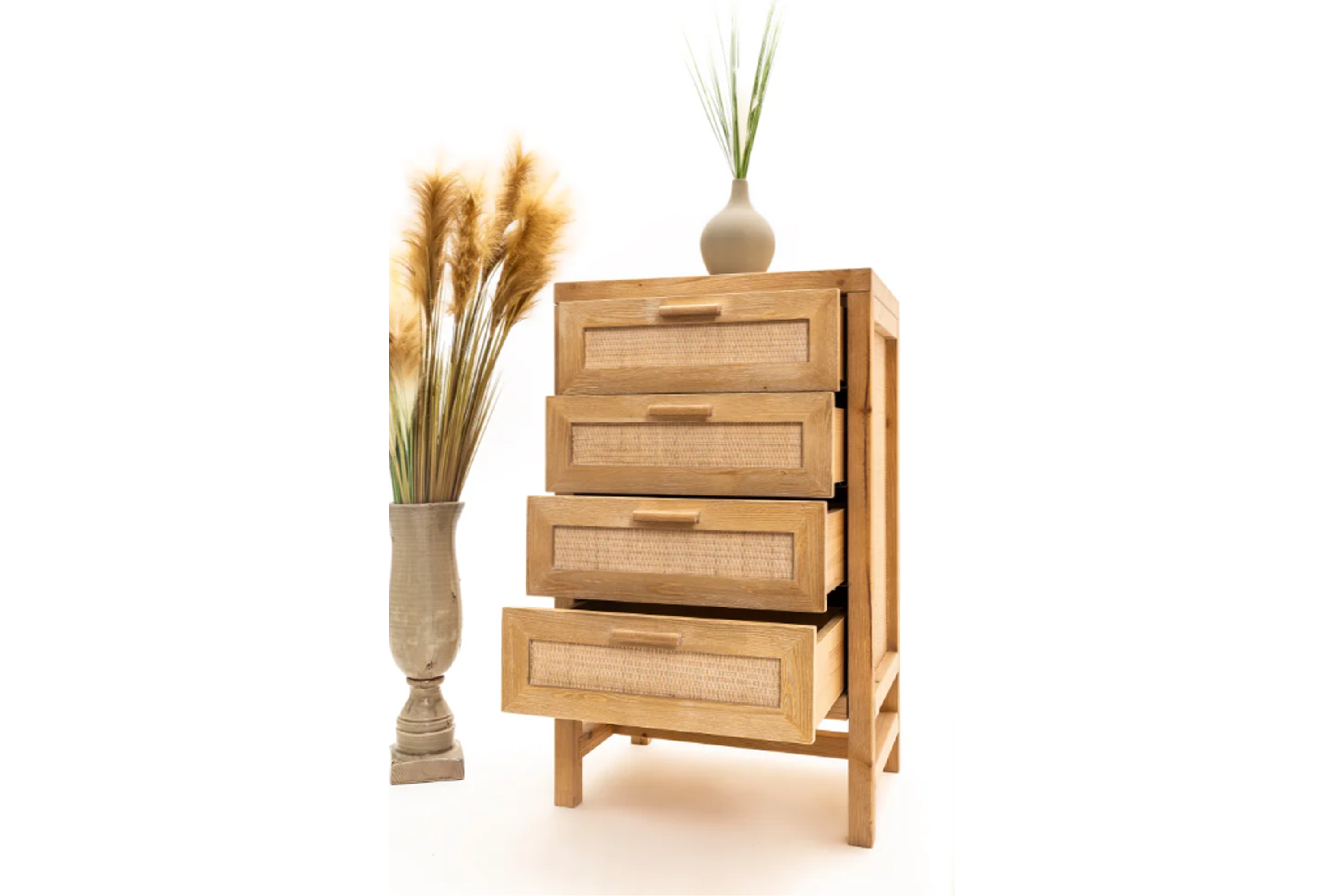 Solid Spruce Wood Dresser with Natural Rattan Detailing